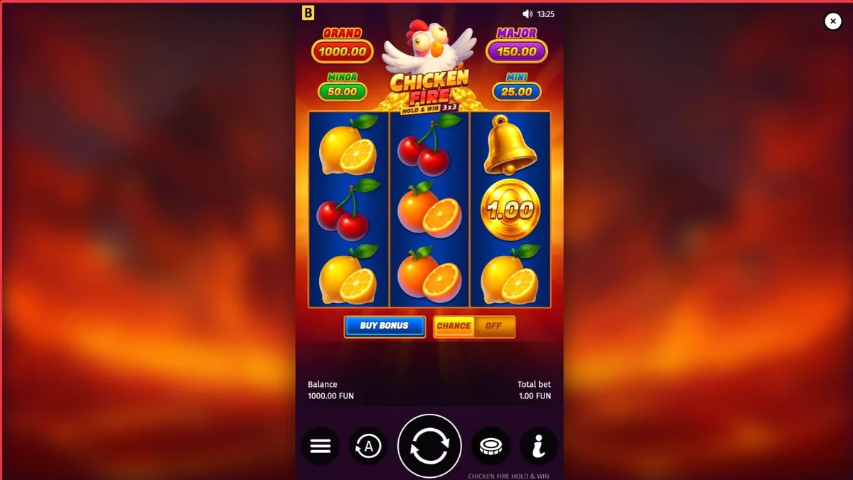 Chicken Fire slot machine interface na may mga prutas at cartoon na manok