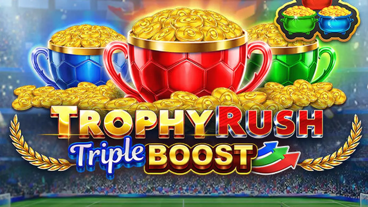 Trophy Rush Triple Boost slot game interface na may golden coins at jackpot display.